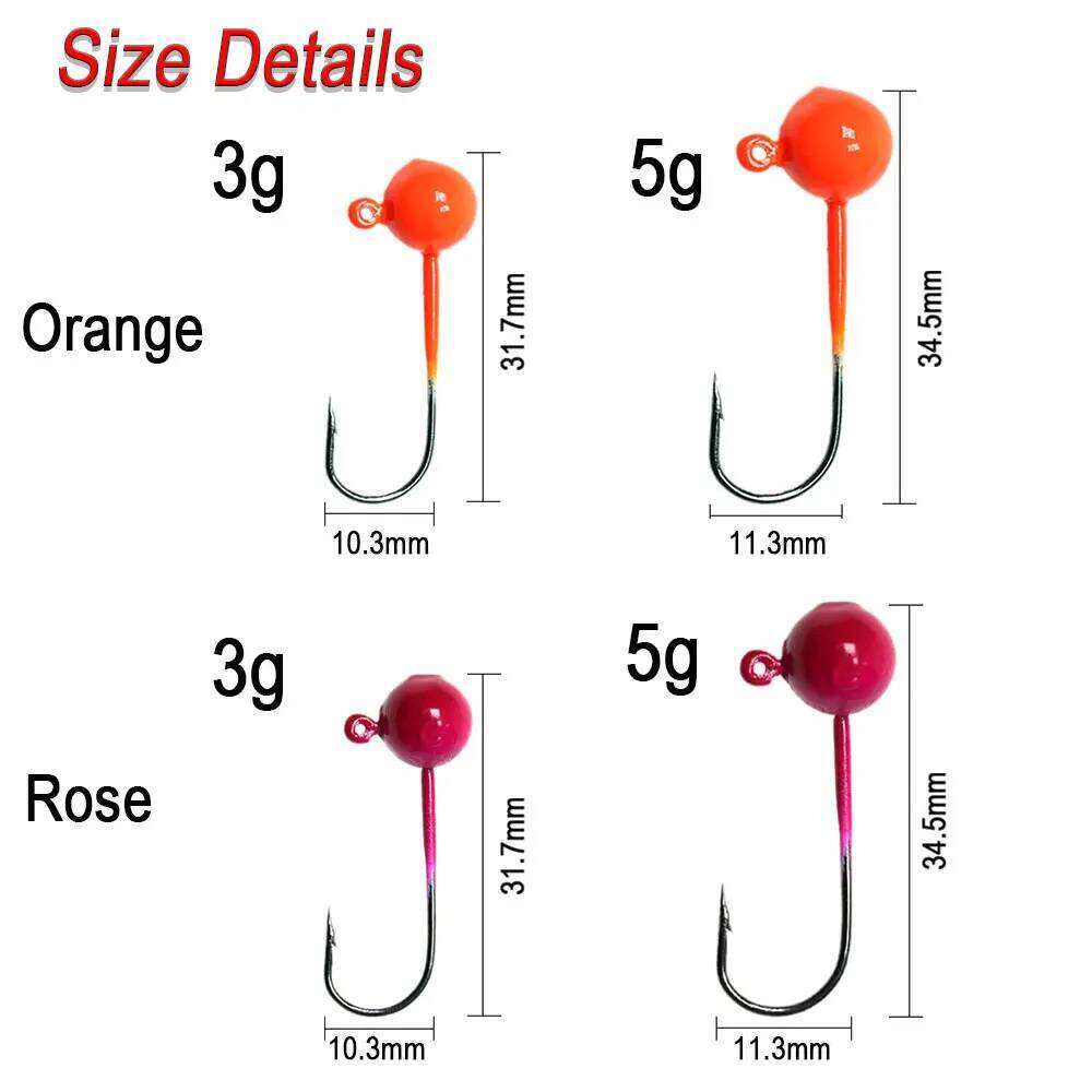 ICERIO 10PCS 3g 5g Weighted Round Shape UV Coated Paint jig head Barbed Fishing Soft Worm Lure Hook Orange Rose Z260228