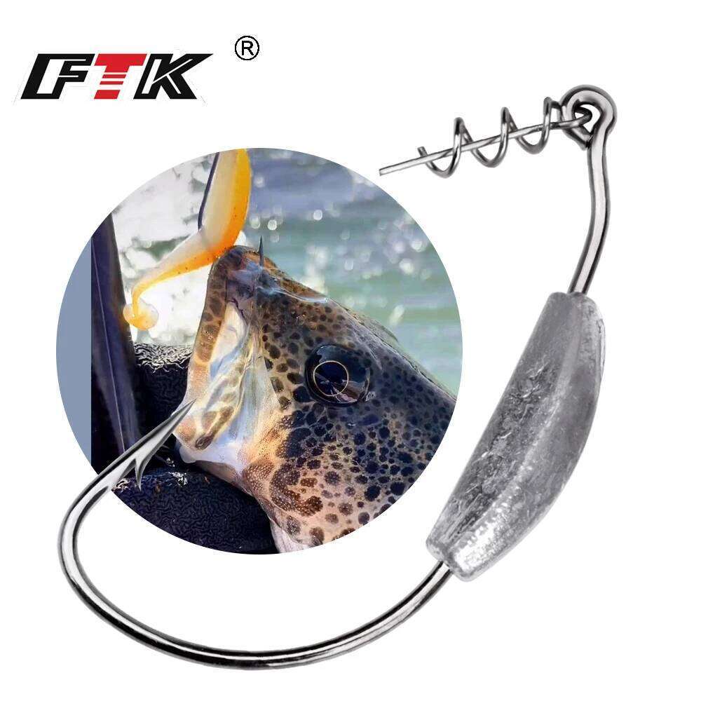 FTK 5Pcs Offset Hooks 2g-7g Weighted Crank Soft Baits Barbed Jig Worm Hook for Texas Rigs Fishing Tackle Z260228