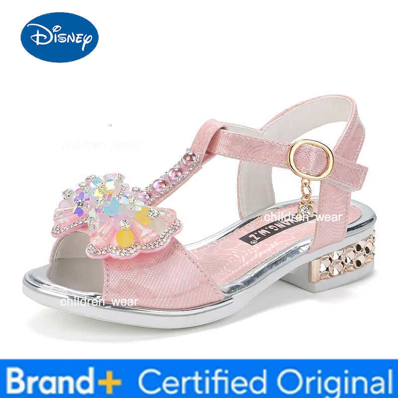 Disney Girls Dance Shoes Non-slip Soft Sole Kids Princess Shoes T-strap Open Toes 2025 Summer New Children Sandals Sweet Bows Non-slip H260303