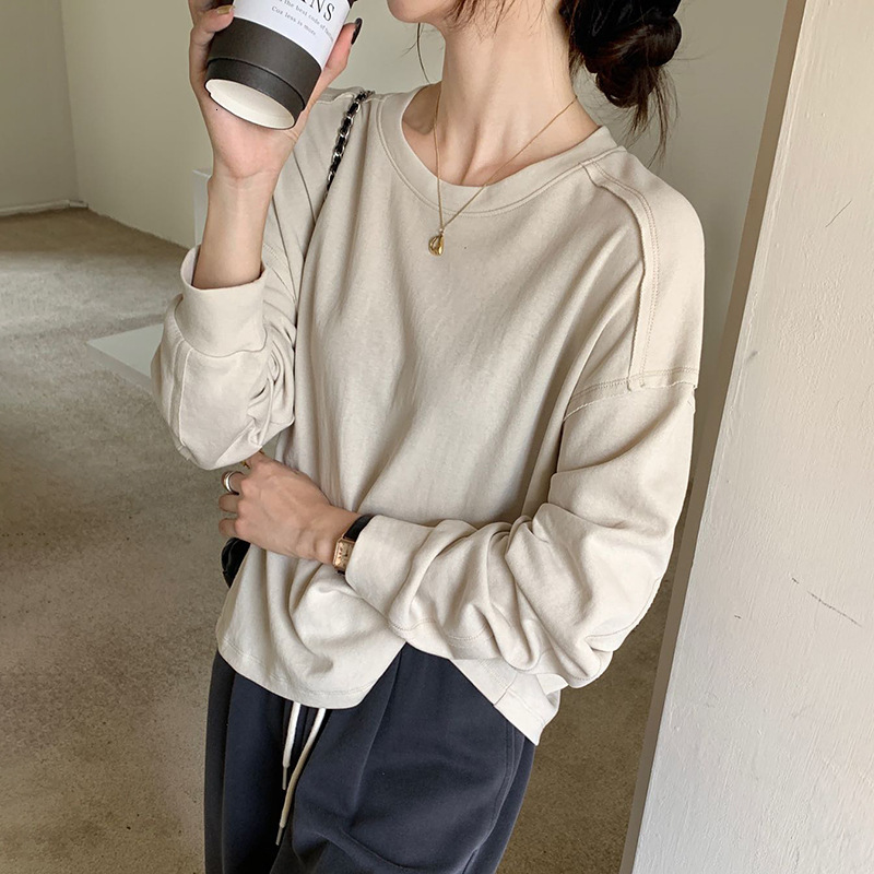 Polo Shirt Cotton Spring Designer Hoodie New Round Neck Long Sleeve T-shirt For Women 2026 Loose Fit Versatile Slimming Designer Shirt Casual Style Solid Color Base