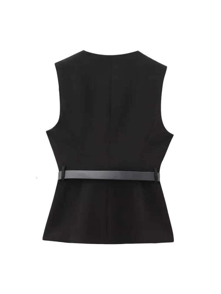 Women's Long Waistcoat with Belt, Front Gold Button, O Neck Sleeveless Vest, Female Outerwear, Chic Tops, Fashion dongdumaoyi