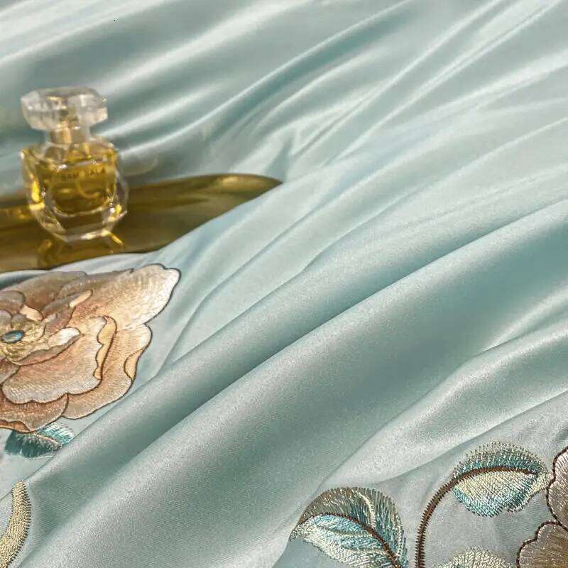 Green Satin Cotton Bedding Set Luxury Golden Embroidered Duvet Cover Flat/Fitted Bed Sheet Pillowcases Home Textile W260302