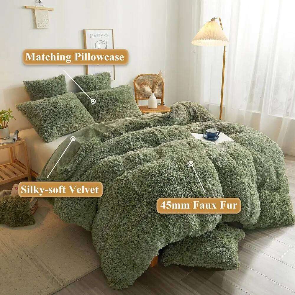 Luxury Sage Green Plush Shaggy Duvet Cover Set with 2 Pillow Shams, Queen Size W260302