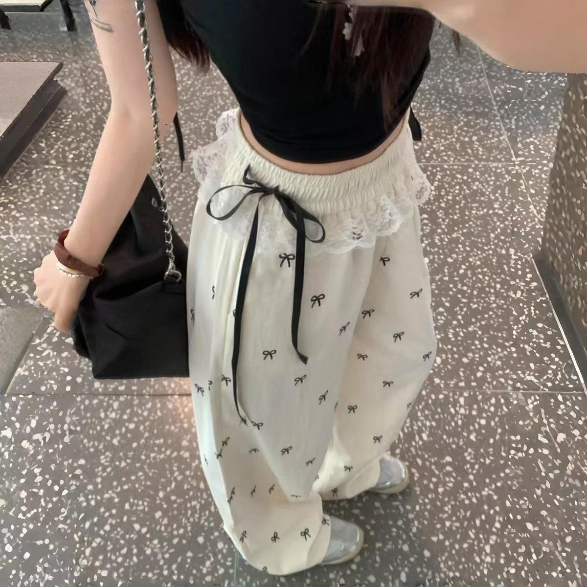 Designer Pnts Americn-style Sweet Nd Spicy Bow Lce Spliced Wide-leg Csul Long Pnts For Women Summer New High-wisted Floor-length Pnts