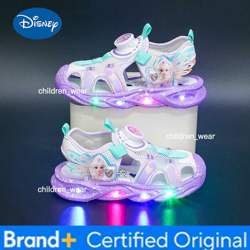 Disney KidsSandals Led Light Elsa Princess Frozen Buckle PU Leather Summer Shoes For Girls Anti-slip Breathable Pink Purple Size 22-36 H260303
