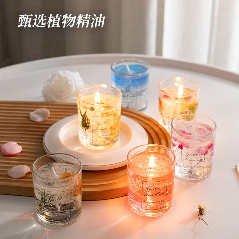 New Home Bedroom Romantic Fragrance Hotel Glass Cup Real Flower Jelly Candle Cross-Border In Stock W260303