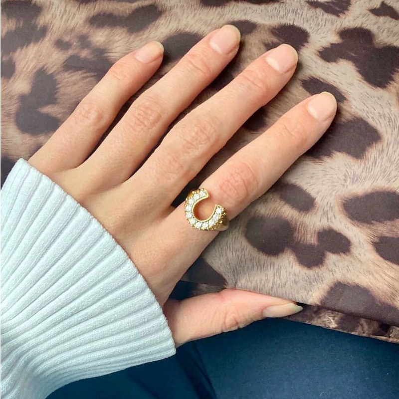 Women's Elegant U-Shaped Zircon Inlaid Ring Minimalist High-End Texture Open Adjustable Finger Ring Luxury Daily Party Banquet Premium Jewelry Gi