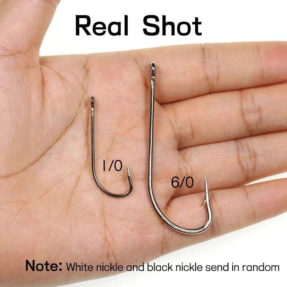 Elllv 50pcs Saltwater Fishing O'shaughnessy Hooks High Carbon Steel Long Shank Chemeical Tip Single Hook White/Black Nickle Z260228