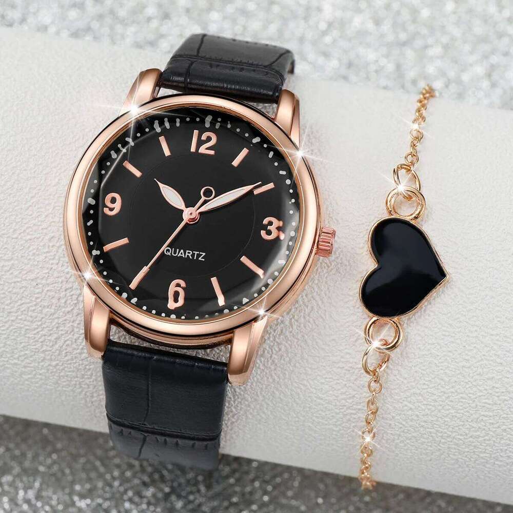 2PCS/Set Women's Casual Arabic Dial Leather Band Quartz Watch Heart Bracelet SetWithout Box XJ260303