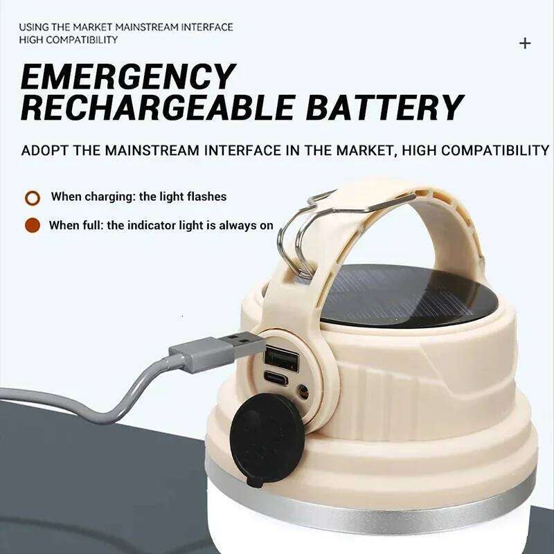 Outdoor Solar Camping Flashlight USB Rechargeable Light Emergency Power Bank Waterproof Hunting Fishing with Hook Side Lamp S260302