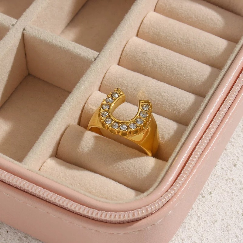 Women's Elegant U-Shaped Zircon Inlaid Ring Minimalist High-End Texture Open Adjustable Finger Ring Luxury Daily Party Banquet Premium Jewelry Gi