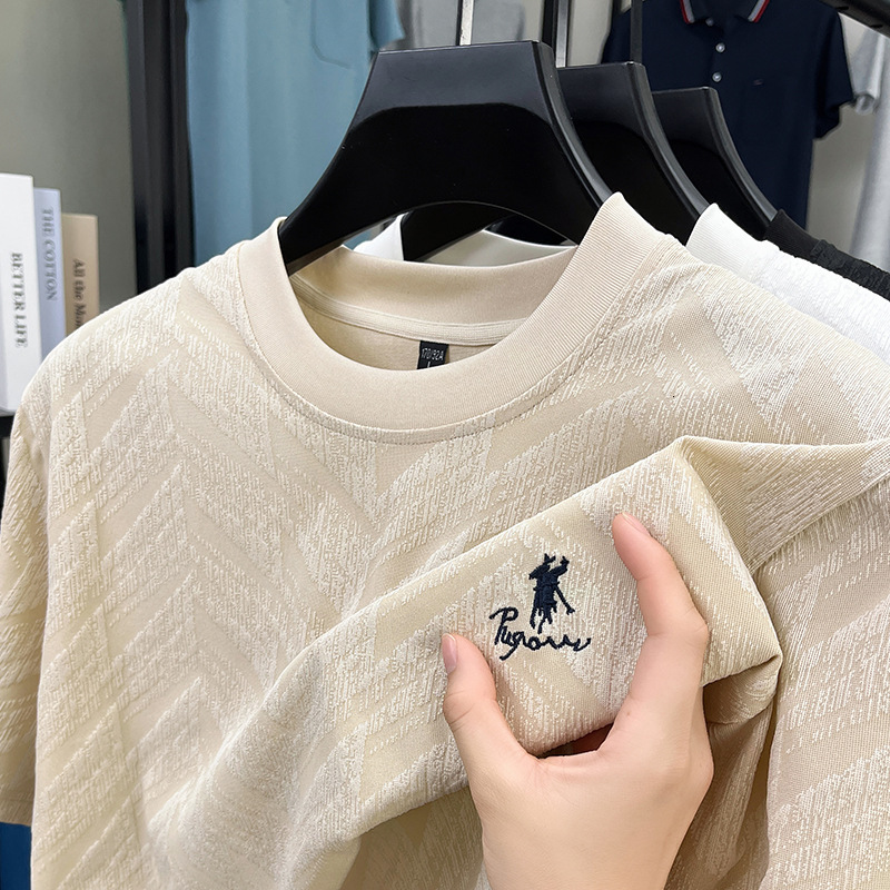 Luxury Brand Designer Clothes European Style Ice Silk Short-Sleeve T-Shirt For Men, Summer High-End Jacquard Embroidered Round-Neck Tee, Mature Men 