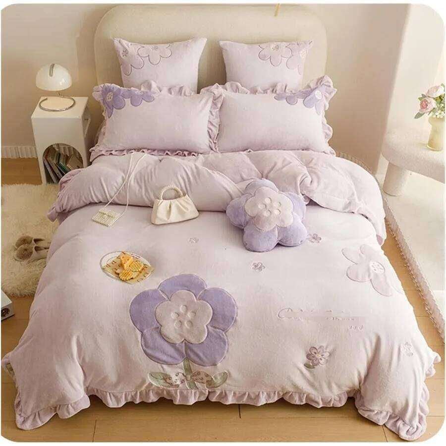Winter Warm Four-Piece Velvet Set Double Sided Thick Linen Quilt Cover Sheet Pillowcase for 1.5/1.8m Bed Green Purple 2m Be W260302