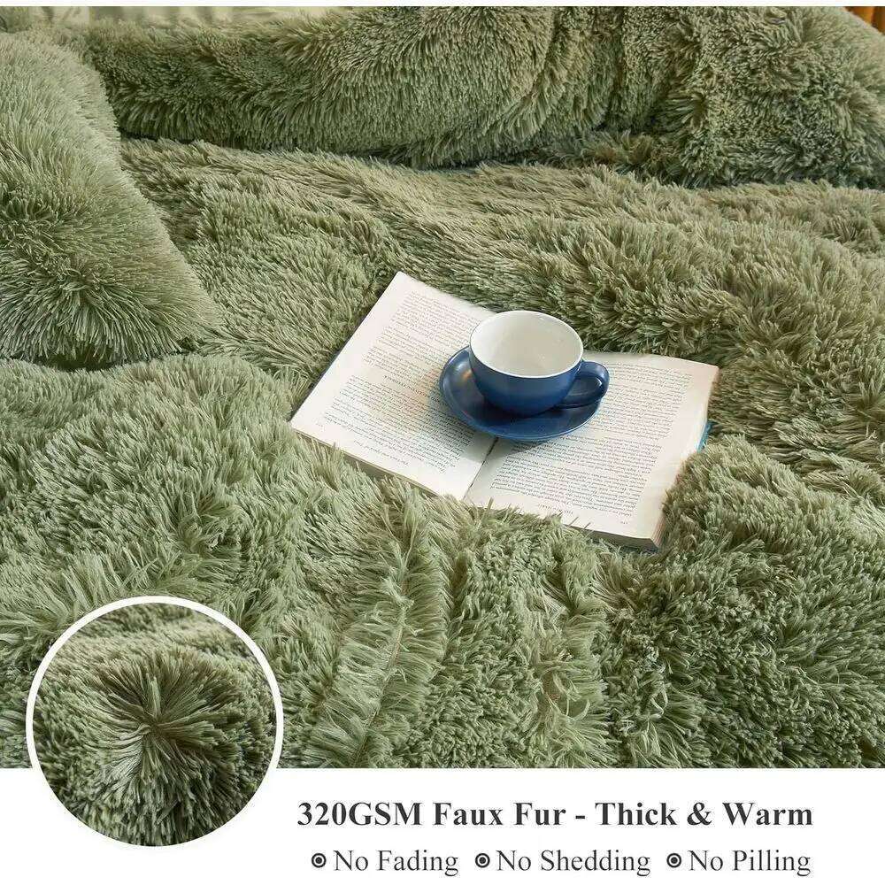 Luxury Sage Green Plush Shaggy Duvet Cover Set with 2 Pillow Shams, Queen Size W260302