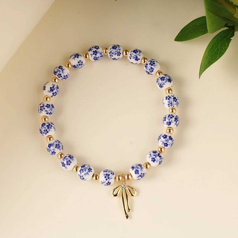 gold jewelry bow bracelets for women blue and white porcelain ceramics beaded bangles jewellery pulseras H260303
