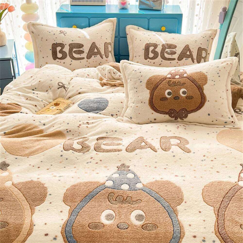Winter Warm Milk Velvet Four-Piece Thickened Coral Fleece Duvet Cover Pillowcase Bed Sheet Bedroom Decor Queen Bedding Set W260302