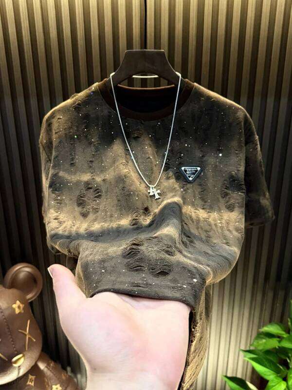 Summer Men's Ort Sve T-Irt Youth Luxury Round Ne Adient Hole Punch Trendy Cotton Polyester Blend Casual Wear
