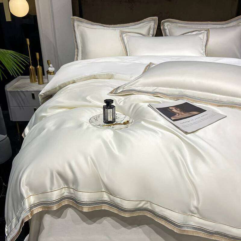 Simple Solid Color Silk Sheets Luxury Bedding Set Twin Full Queen Size Soft Bed Linen Duvet Cover Bedclothes Kit W260302