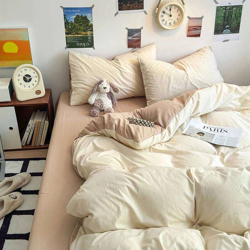 New Washed cotton solid color four piece set, student dormitory bed sheets, duvet covers, bedsheets, small fresh brushed bedding W260302