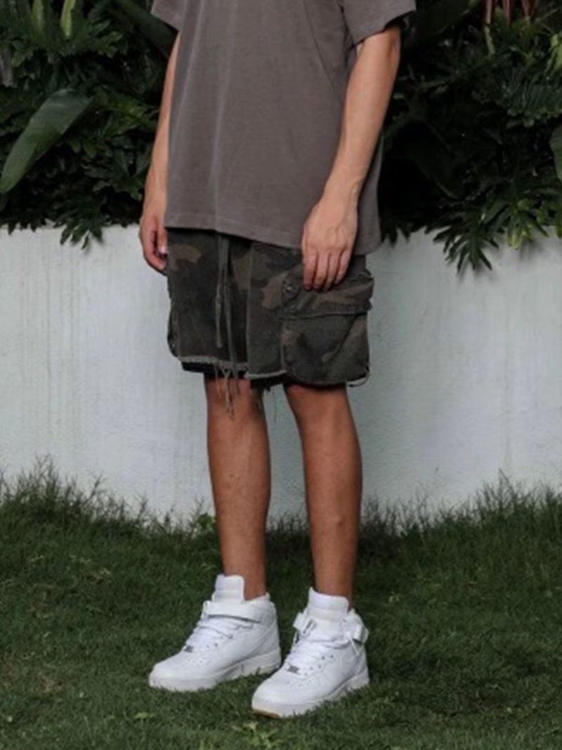 MIJKO Unisex Casual Camouflage Work Shorts Spring Summer Heavyweight Drawstring Splicing Design ZJ012