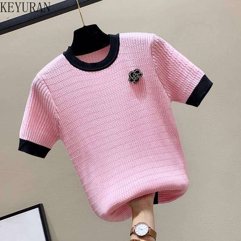 Beading Flower Thin Short Sleeve Sweater Women Knitted T-Shirt Korean O-Neck Office Lady Elegant Black White Pullover Jumper Top