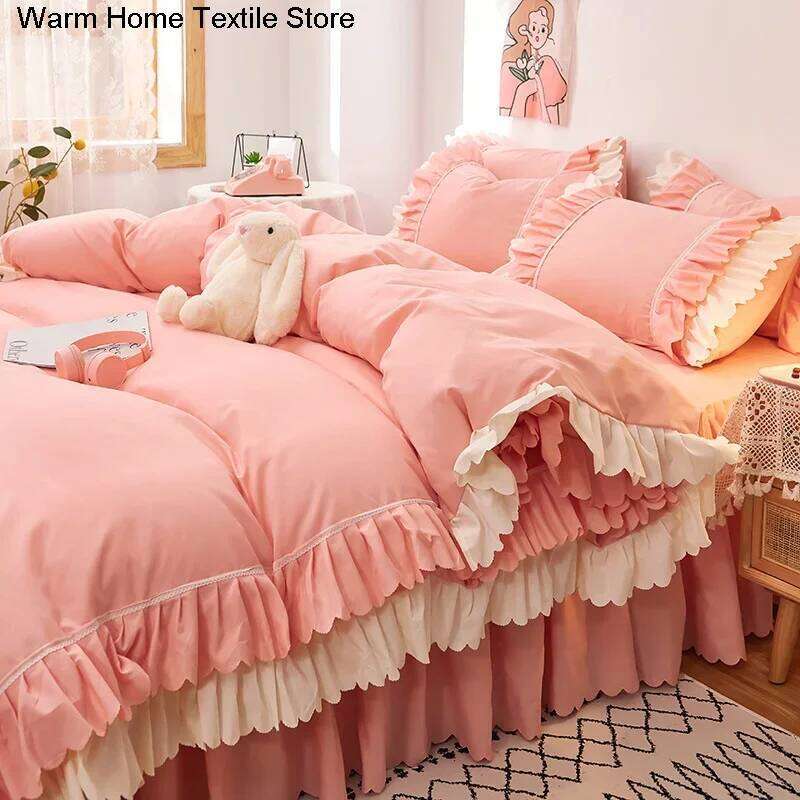 For Pink Lace Ruffle Bedding Set Luxury Bed Skirt Sheet Korean Duvet Cover Girls Princess Bedspread Pillowcases W260302