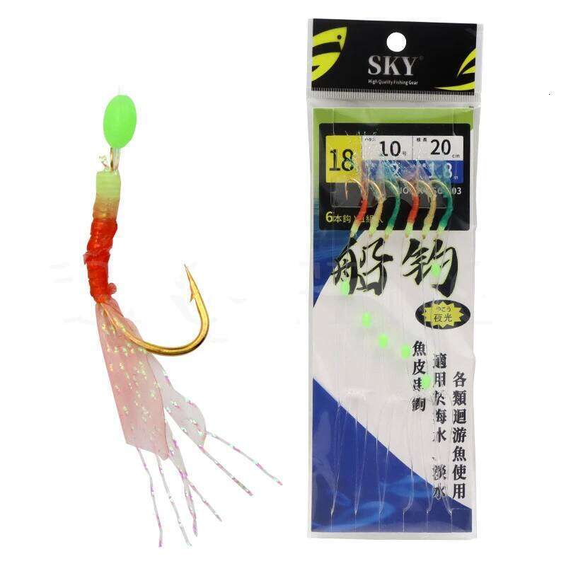 ZYZ Three-coloured Fishing Sabiki Fish Skin String Hooks 12# 14# 16# 18# 1Set 6Hooks With Luminous Bead Barbed Hook Z260228