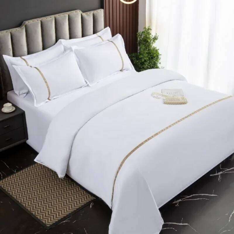 New 140g twill thickened four-piece linen pure white single quilt set webbing hotel bed and breakfast W260302