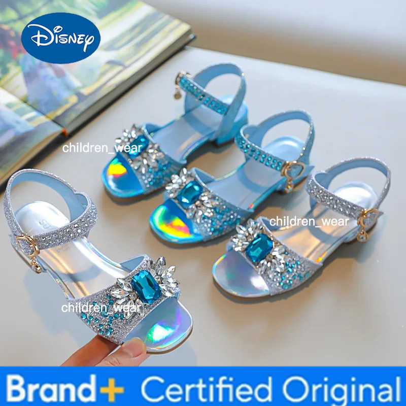 Disney Girls Crystal Princess Shoes 2025 Summer New Thick Heel Childrens Sandals Fashion Rhinestone Girls Performance Beach Shoes H260303