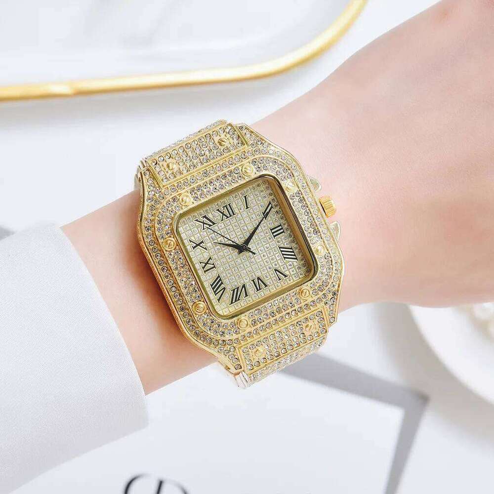 Fashion Full Diamond Square Quartz Watch for Men Women Luxurious Stainless Steel Strap Rhinestone Studded Dial XJ260303