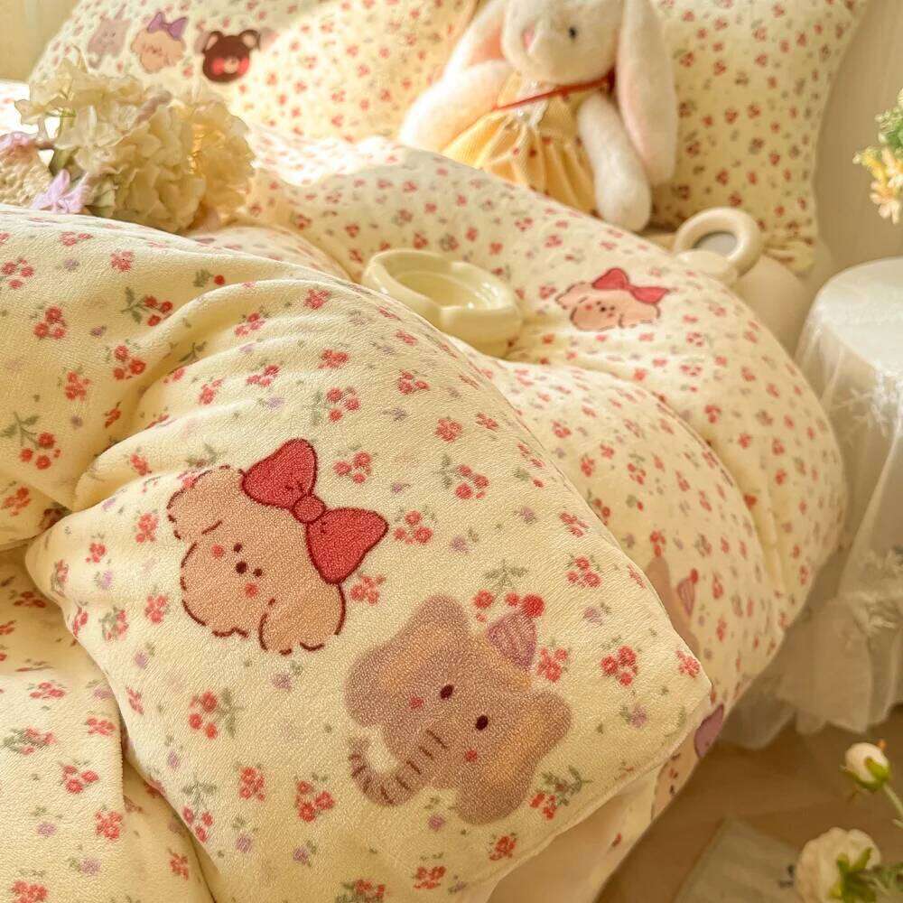 Printed Thicken Milk Coral Fleece Bedding Winter Comforte Warm Bedroom Decor Quilt Cover Bed Sheet Pillowcase Four-Piece Set W260302
