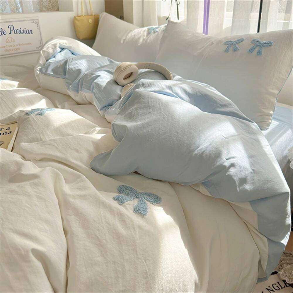Ins Style Girl Blue 1.5m/1.8m Fitted Bow Towel Bedding Embroidery Washed Cotton Four-piece Set Bed Sheet Three-piece W260302