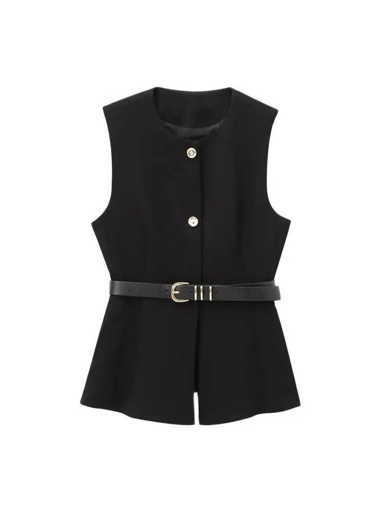 Women's Long Waistcoat with Belt, Front Gold Button, O Neck Sleeveless Vest, Female Outerwear, Chic Tops, Fashion dongdumaoyi