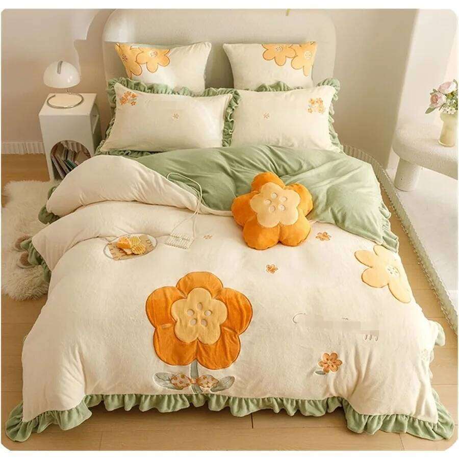 Winter Warm Four-Piece Velvet Set Double Sided Thick Linen Quilt Cover Sheet Pillowcase for 1.5/1.8m Bed Green Purple 2m Be W260302