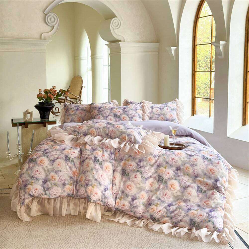 Pink Flower Bedding Soft Luxury Bedroom Decor Comforter Ruffles Duvet Cover Pillowcase Bed Sheet Cotton Four Pieces Set W260302