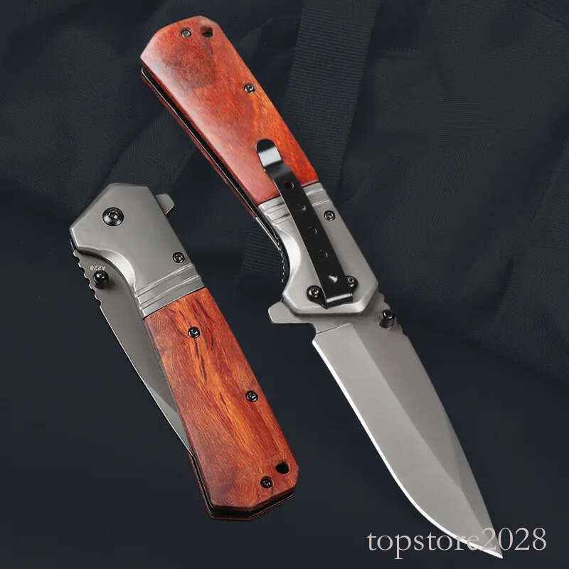 High Quality A228 Flipper Folding Knife 3Cr13Mov Titanium Coating Drop Point Blade Wood with Steel Handle Outdoor EDC Pocket Knives