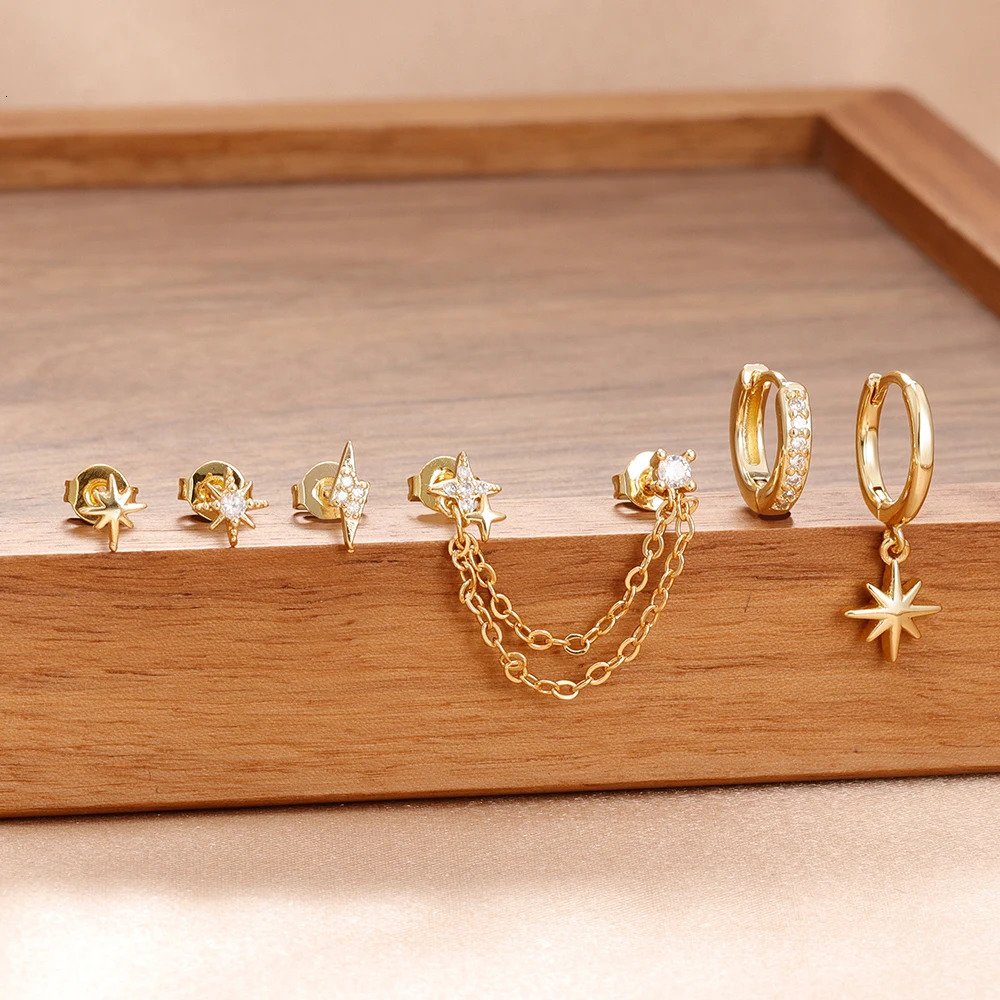 6PCS Fashion Cute Zircon Flower Ear Stud For Women Fashion 18K Gold Plated Star Ear Stud Earring Piercing Girl Set Jewelry Gift 260302