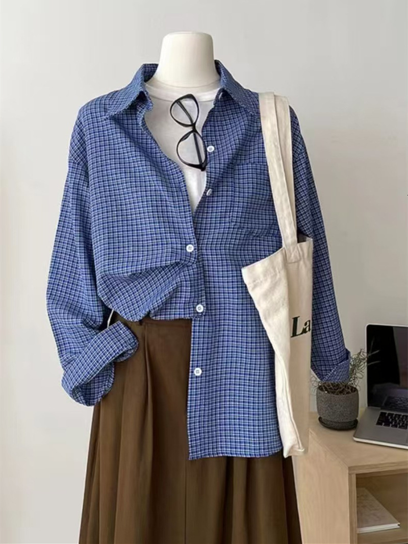Designer Shirt Retro Blue Plaid Shirt For Women Suitable For Designer Hoodie Spring Autumn Polo Shirt And Summer Korean Style Casual Loose Slimming Shirt Top Jacket