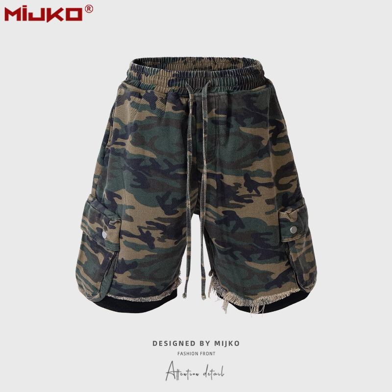 MIJKO Unisex Casual Camouflage Work Shorts Spring Summer Heavyweight Drawstring Splicing Design ZJ012
