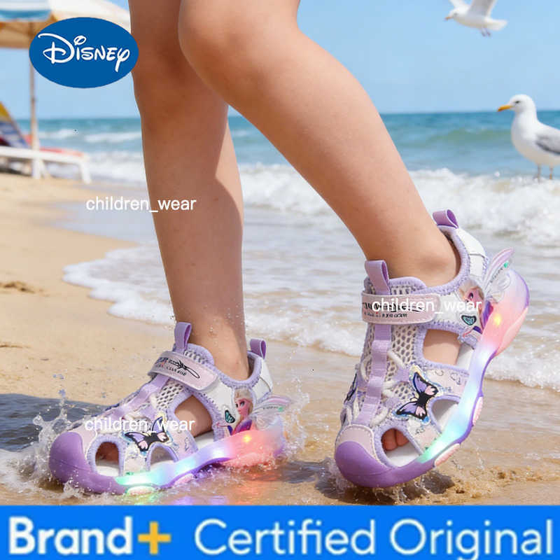 Disney Frozen Elsa Princess Girls LED Sandals Summer Childrens Sports Beach Pink Purple Girls Soft Shining Shoes Size 25-30 H260303
