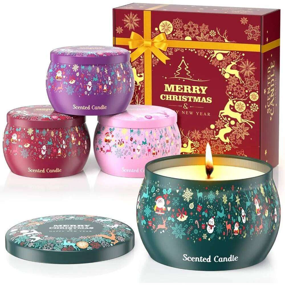 THAUSDAS 4-Pack 4.4oz Christmas Scented Candles Rose/Jasmine/Lavender/Vanilla, 120H Aromatherapy Gift Set W260303