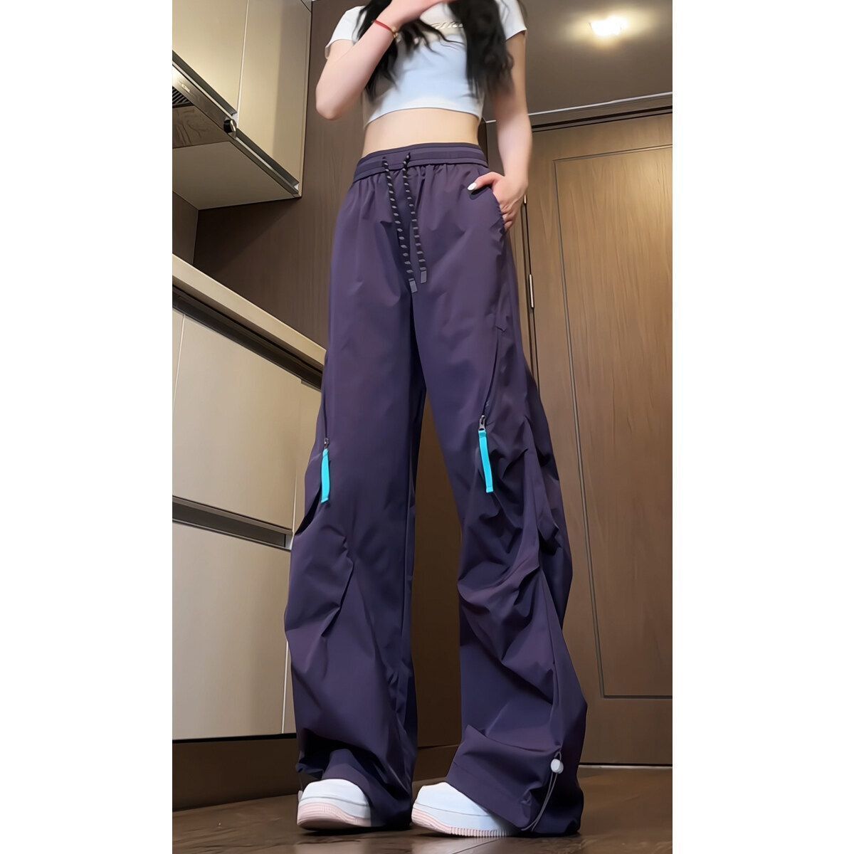 Plum Purple Zipper Crgo Pnts For Designer Pnts Women Erly Autumn Thin Americn Style Prtrooper Work Pnts Wterproof Quick-dry Hiking Long Pnts