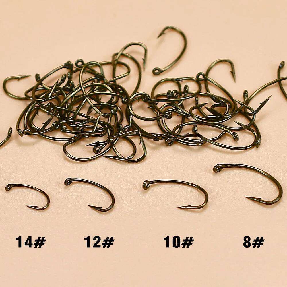 Topranc 100PCS Bronzed Color Barbed Curved Shank Scud Nymph Fly Tying High Carbon Fish Hook Size #8 #10 #12 #14 Z260228