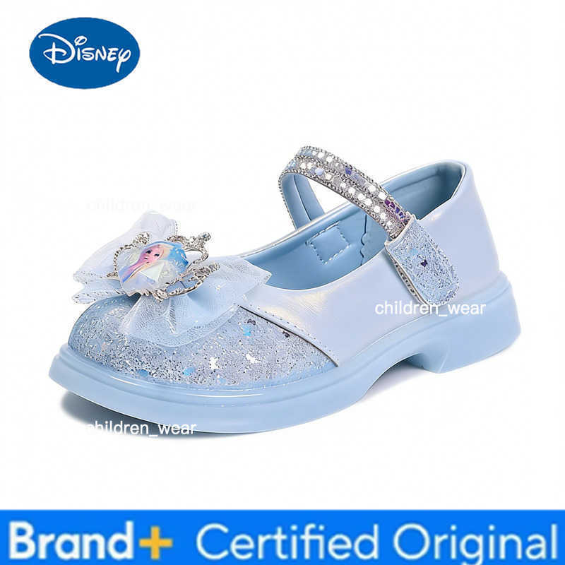 Disney KidsCasual Shoes Crystal Bow Princess Elsa PU Leather Shoes Spring Shoes For Girls Soft Bottom Pink Blue Shoes Size 26-34 H260303