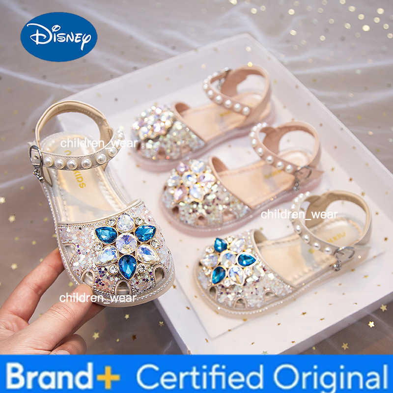 Disney KidsCasual Shoes Sandals PU Leather Summer Shoes For Childrens Crystal Sequin Flat Breathable Anti-slip Pink Blue Size 23-34 H260303