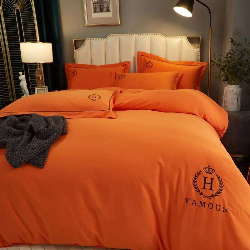 Customizable orange high-end cotton four-piece set household summer thin quilt cover W260302