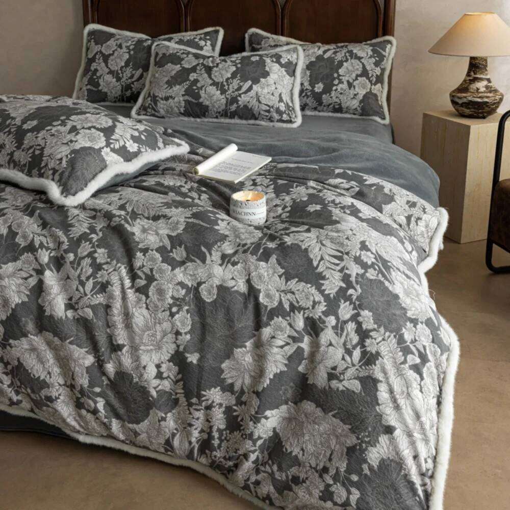 Thickened Retro Cotton Linen Milk Velvet Four-Piece Winter Warm Bedding Set Floral Printed Quilt Cover Pillowcase Bed Sheet W260302 W260302