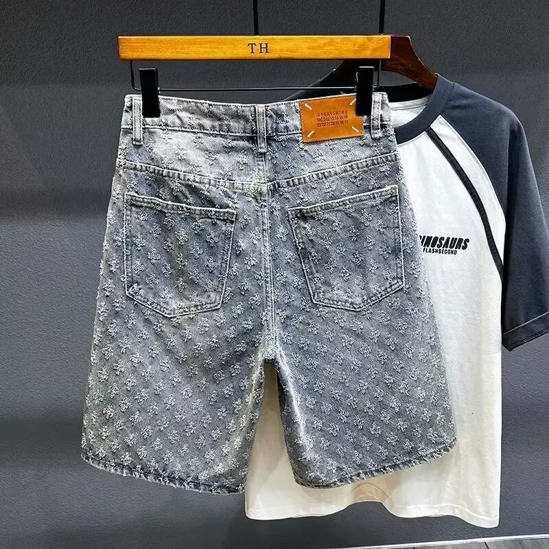 2026 Luxury Brand Designer Clothing Summer American-Style Casual Retro Distressed Ripped Denim Shorts For Men, Straight Cut, Loose Fit, High Street Ve