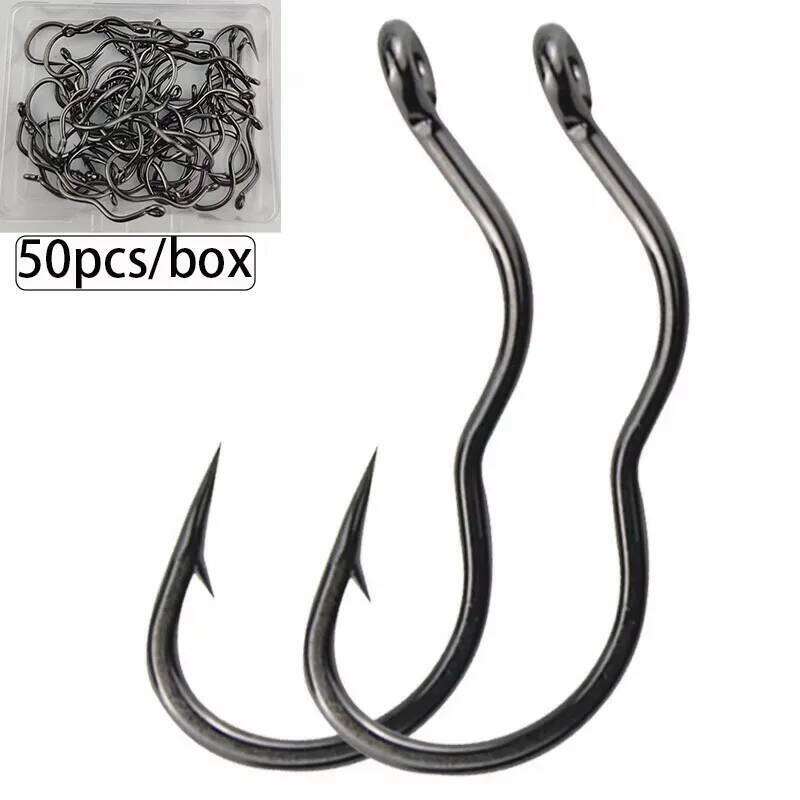 50pcs Automatic Flip High Carbon Steel Fish Barbed Hook for Bass Carp Fishing Freshwater Tackle Accessories Box Z260228