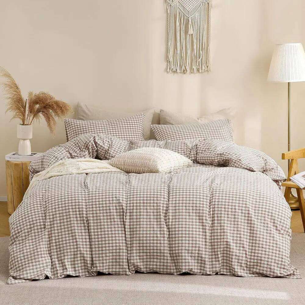 Vintage Brown Plaid Washed Cotton Queen Duvet Cover Set, 100% Soft Linen-Like, 3-Piece, Comforter Not Included W260302